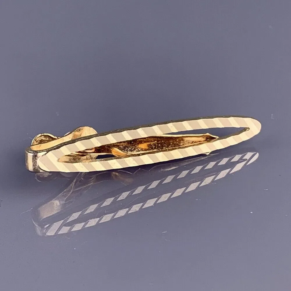 Oval Diagonal Cut Lines Tie Clip Bar Gold Plated Open Simple Karatclad Swank VTG